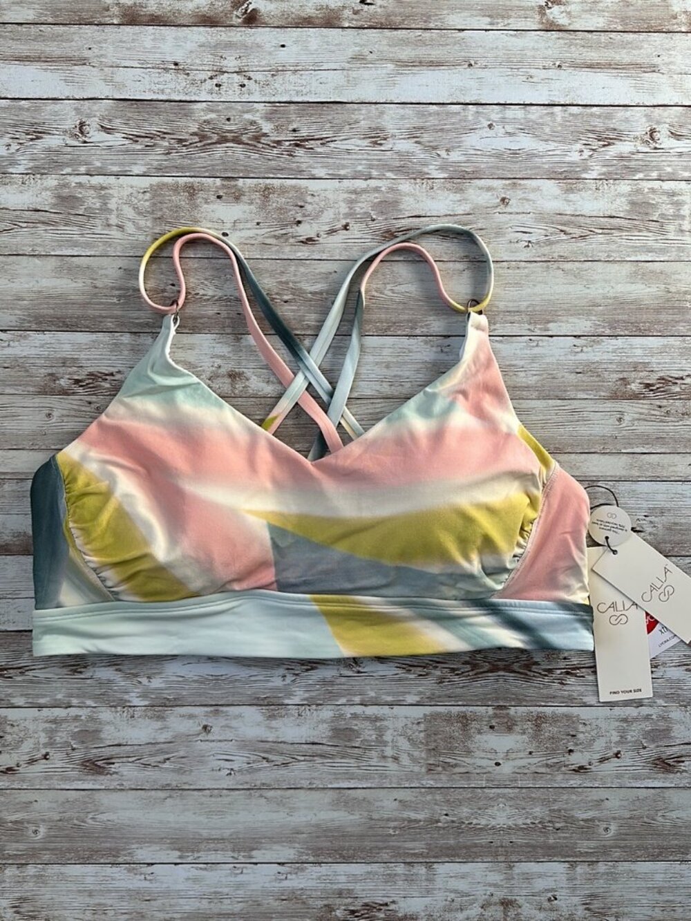 Calia Bikini Top Strappy Ruched sz 1X Women Medium Support Swim Sediment Stripes